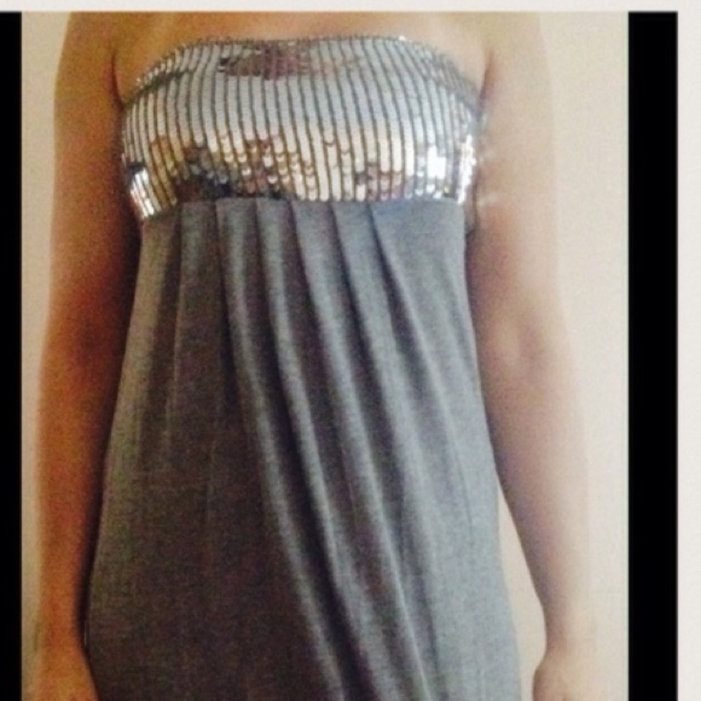 Poof Silver sequin gray strapless cocktail dress